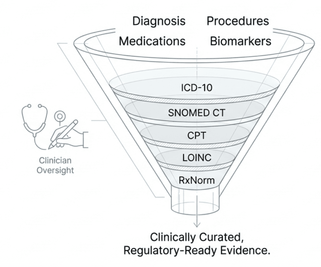 Medical coding funnel — diagnosis, procedures, and medications flowing through ICD-10, SNOMED CT, CPT, and LOINC coding systems into validated, regulatory-ready evidence