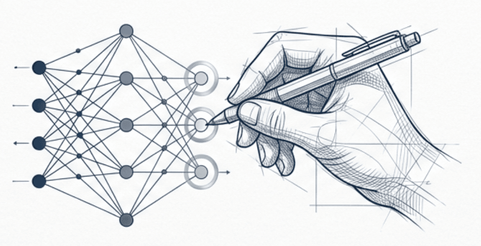 Neural network connected to a hand annotating data with a pen — representing clinician-led data labeling for AI