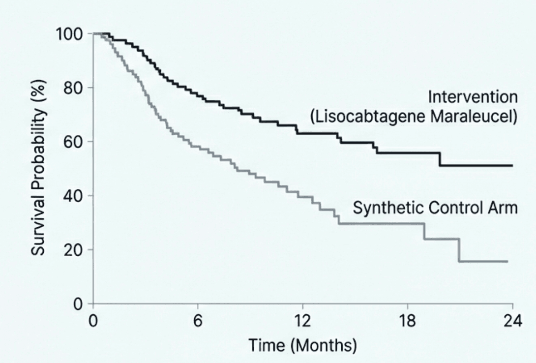 Kaplan-Meier survival curve comparing lisocabtagene maraleucel intervention versus synthetic control arm over 24 months